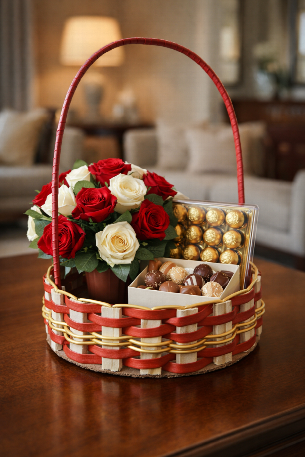 Cesta redonda de madeira de pinus e fibra sintética.